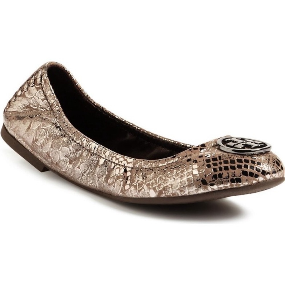 tory burch logo heidi snakeskin metallic ballet flats